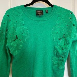 TED BAKER LONDON Emerald Green Wool Blend Floral Lace Shoulder Sweater Size 4